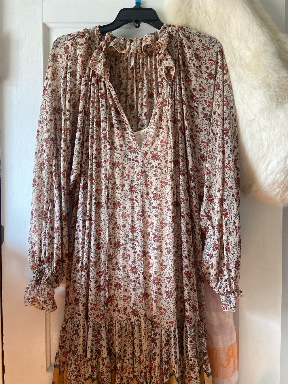 Free People Cream and Rust Floral Long Sleeve Boho Dress